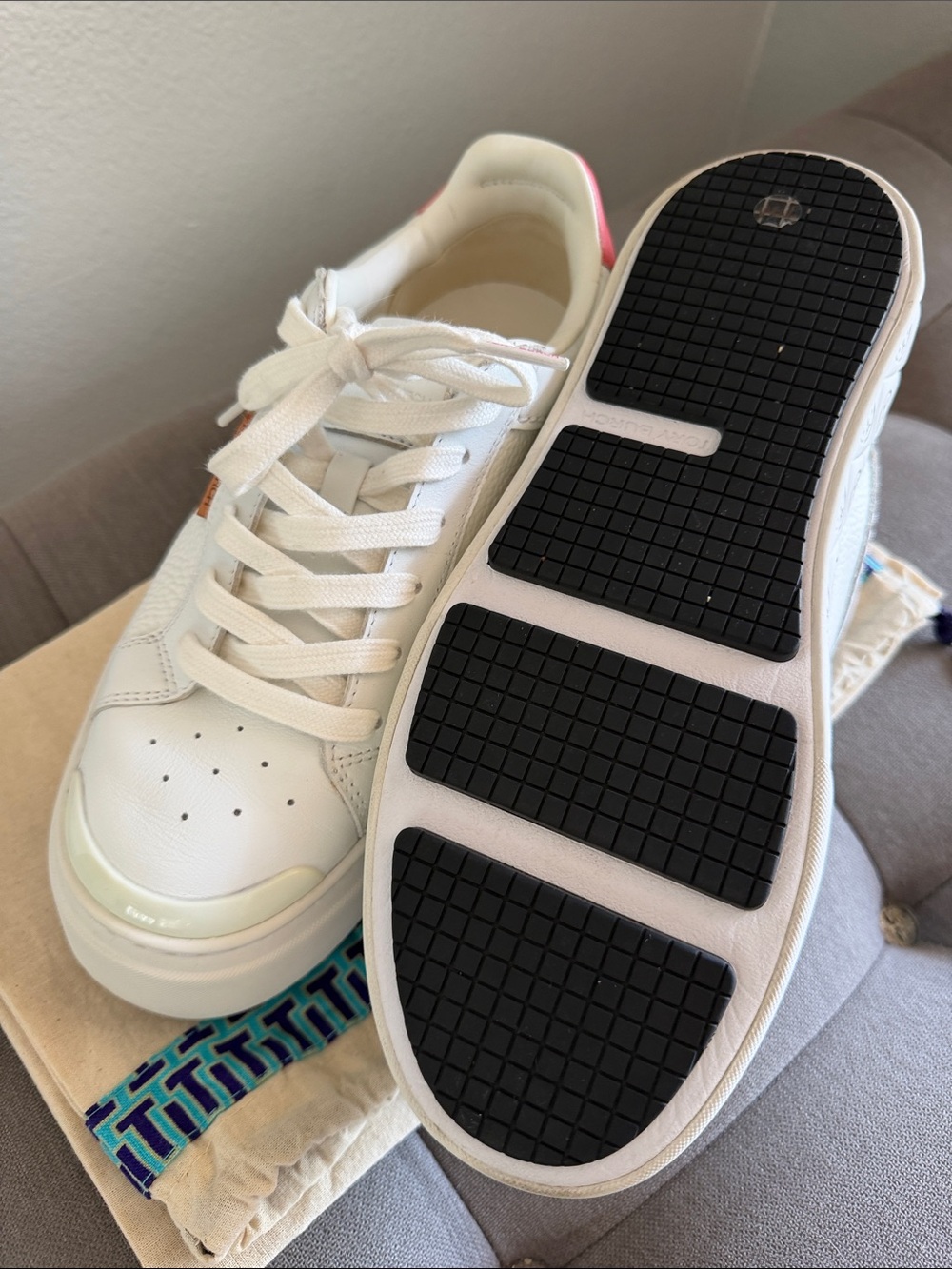 Tory Burch White Leather Ladybug Sneaker with Coral Crush Heel Tab - Picture 5 of 8